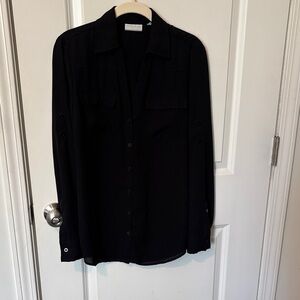 New York & Company Black Button-Down Blouse with White Label